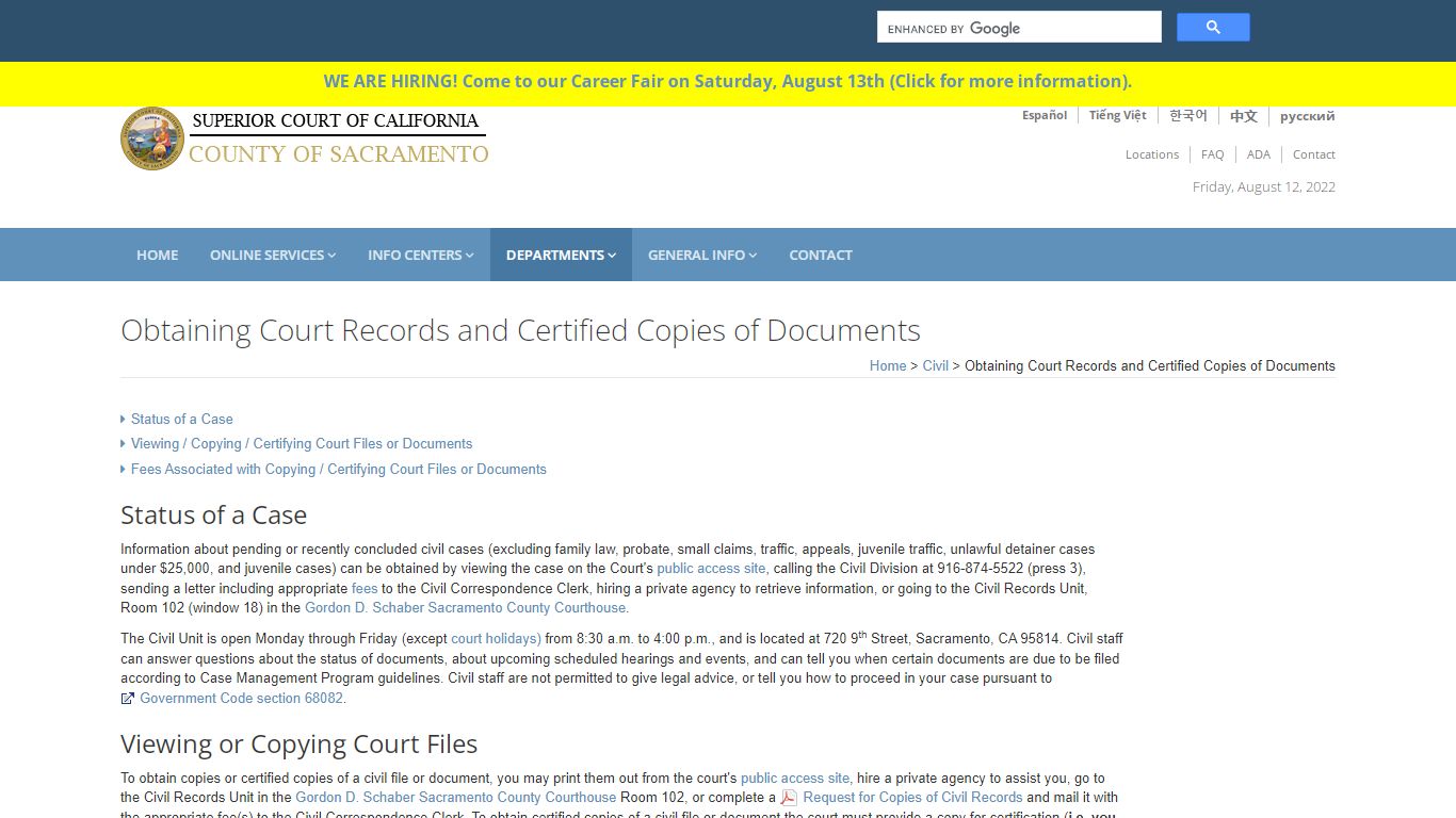 Civil Obtain Status/Copies of Cases: Sacramento Superior Court
