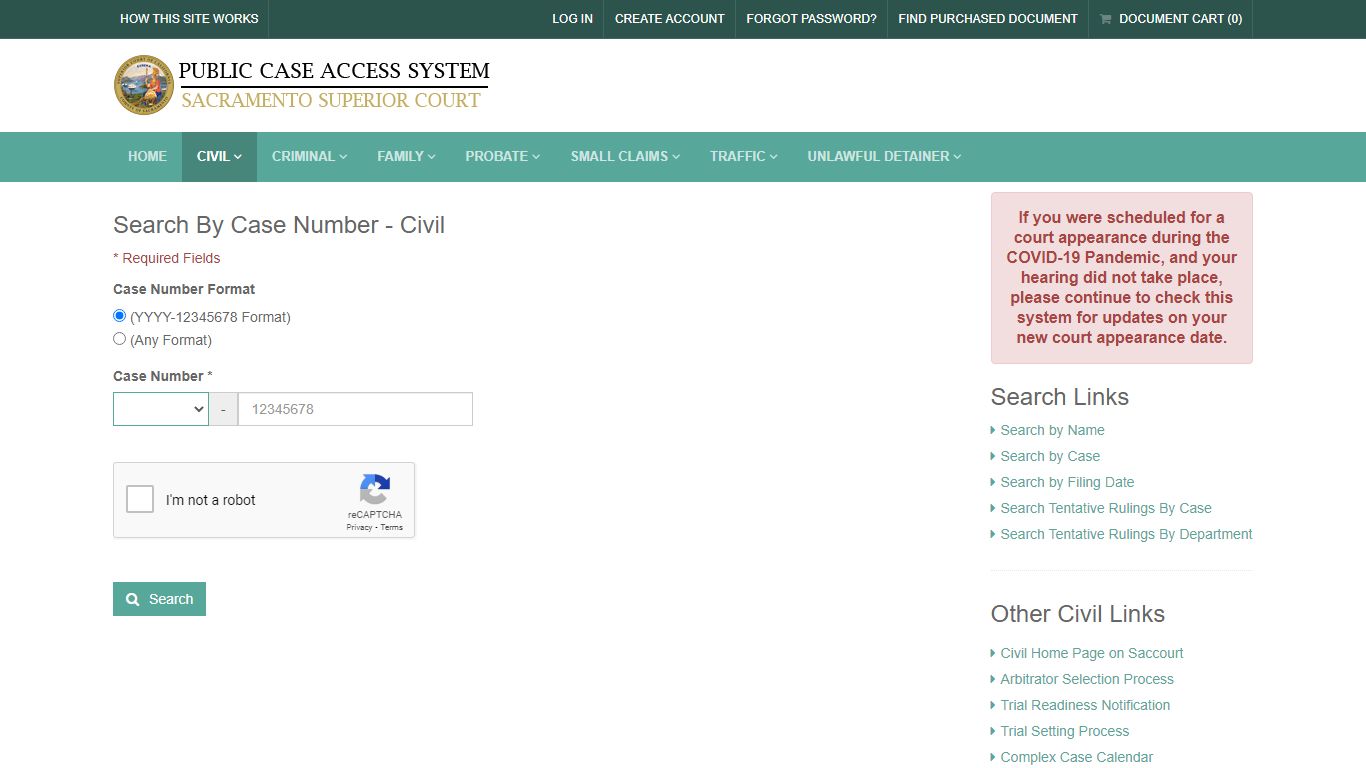 Search By Case Number - Court Services: Authorized Access Only